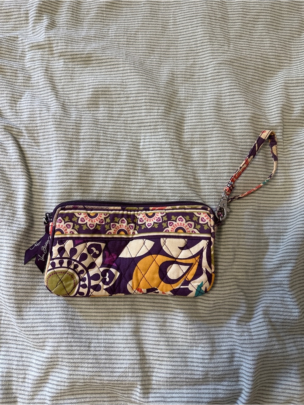 Vera Bradley Purple Floral Patchwork Wristlet with Yellow Accents